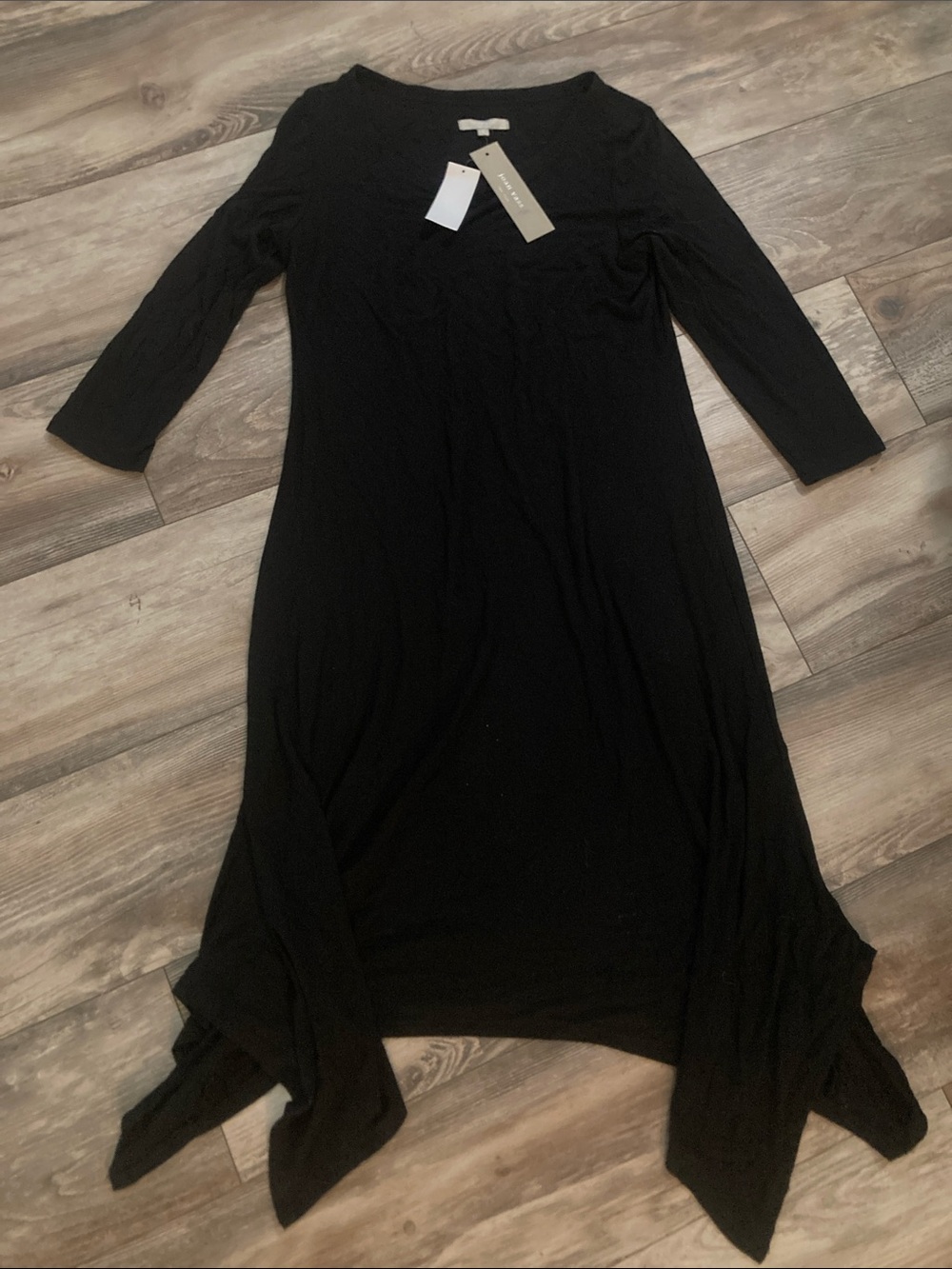 Joan Vass NY Black Hankerchief Bottom   3/4 Sleeve Ankle Length Dress NWT Size M